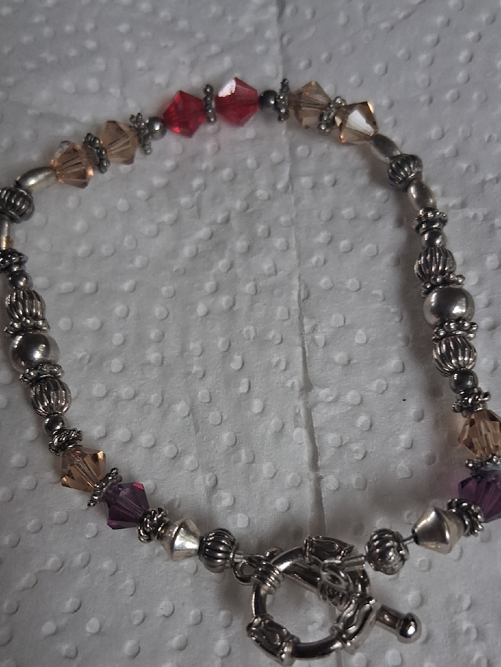 Handmade Silver Bead Bracelet with Red, Purple and Champagne Crystals